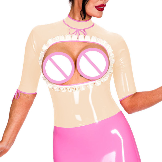 Half Sleeve Turtleneck Back Zip Punk Style Tops Exotic Open Bust Ruffled Blouse Mistress Ravely Party Exotic Bare Chest Costume