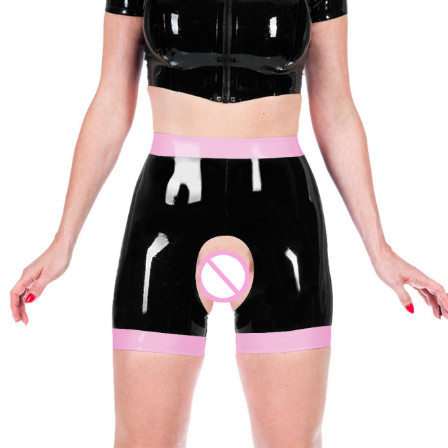 Shiny PVC Leather Faux Latex Women Exotic Open Crotch Spanking Pants Crotchless Short Leggings Novelty Patchwork Sexy Trousers