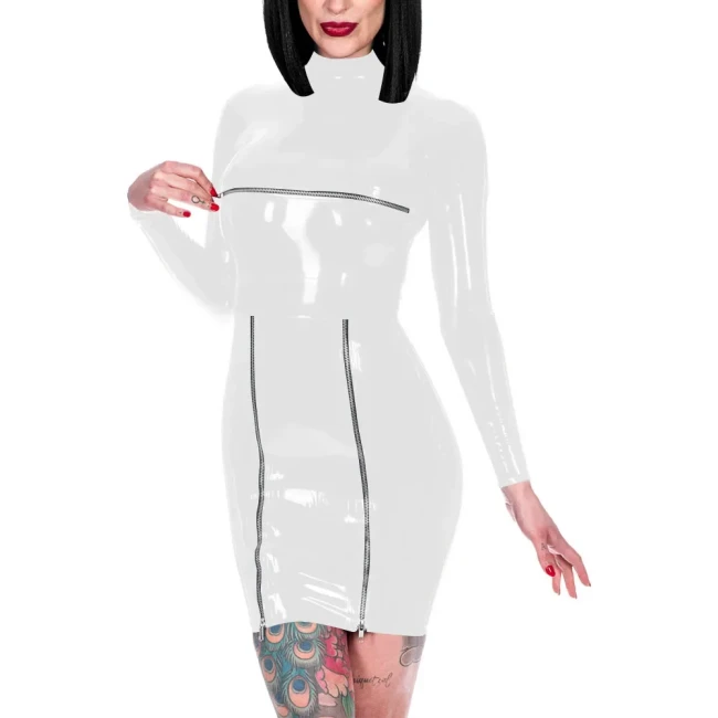 Novelty Back Zipper Wrap Hips Mini Dress Shiny PVC High Neck Long Sleeve Dress Exotic Front Zips Mistress Costume Party Wear
