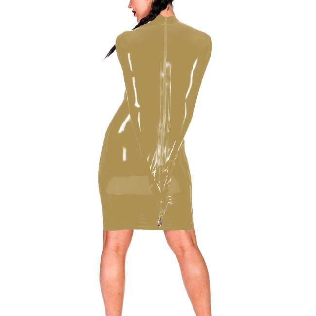 Novelty Wetlook Restraint Dress with Back Zipper Sexy Turtleneck Full-Length Sleeve Sheath Mini Dress Shiny PVC Mistress Costume