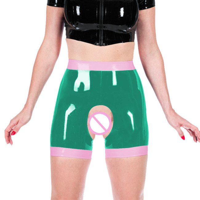 Shiny PVC Leather Faux Latex Women Exotic Open Crotch Spanking Pants Crotchless Short Leggings Novelty Patchwork Sexy Trousers