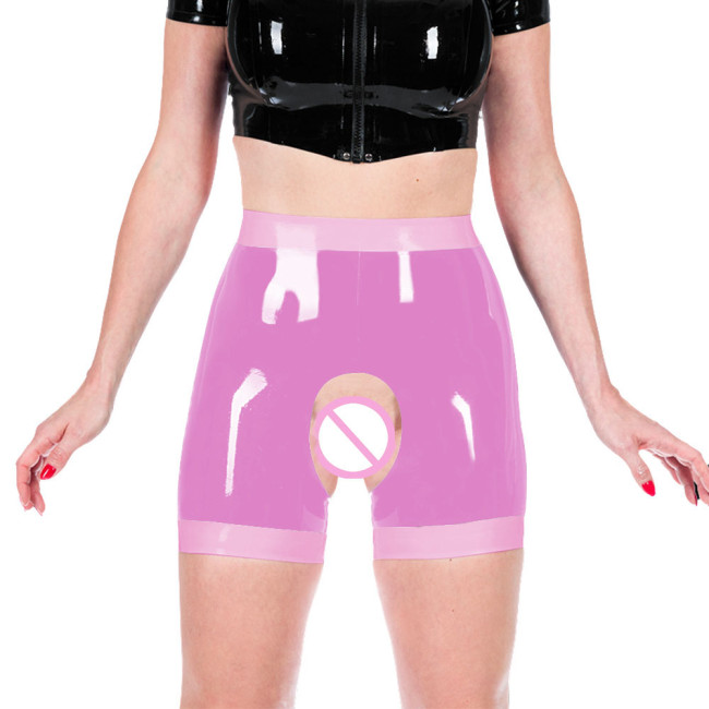 Shiny PVC Leather Faux Latex Women Exotic Open Crotch Spanking Pants Crotchless Short Leggings Novelty Patchwork Sexy Trousers