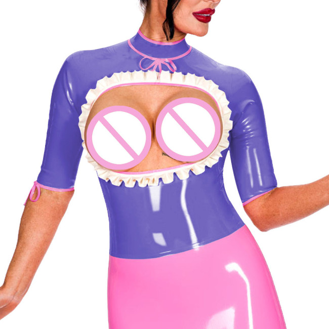 Half Sleeve Turtleneck Back Zip Punk Style Tops Exotic Open Bust Ruffled Blouse Mistress Ravely Party Exotic Bare Chest Costume