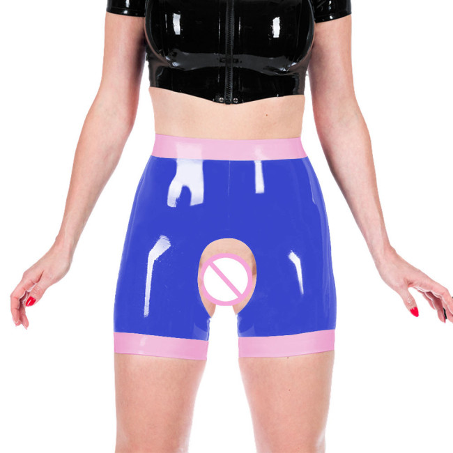 Shiny PVC Leather Faux Latex Women Exotic Open Crotch Spanking Pants Crotchless Short Leggings Novelty Patchwork Sexy Trousers