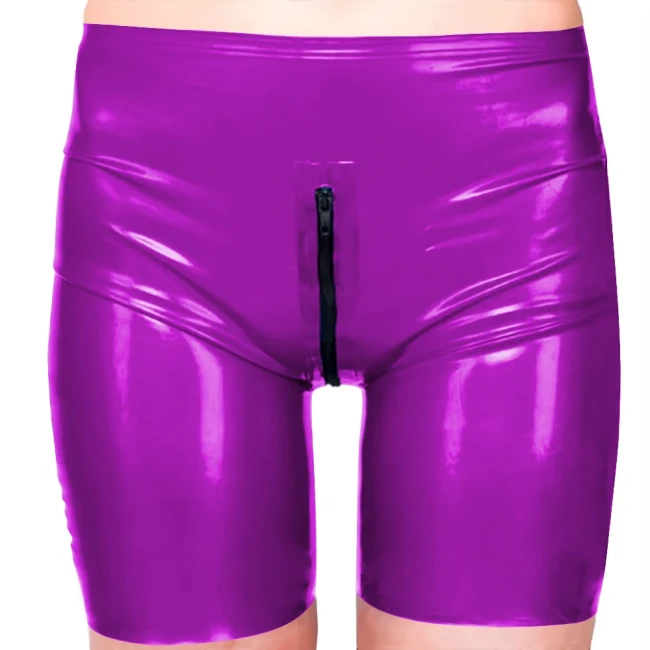 Women Mens Fetish Bodycon Faux Latex Pants Zipper Open Crotch Short Pants PVC Leather Sissy Lingerie Hotpants Exotic Dancewear