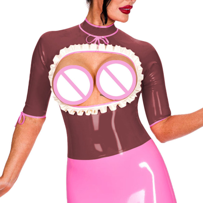 Half Sleeve Turtleneck Back Zip Punk Style Tops Exotic Open Bust Ruffled Blouse Mistress Ravely Party Exotic Bare Chest Costume