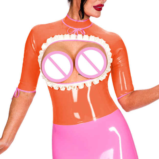 Half Sleeve Turtleneck Back Zip Punk Style Tops Exotic Open Bust Ruffled Blouse Mistress Ravely Party Exotic Bare Chest Costume