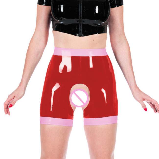 Shiny PVC Leather Faux Latex Women Exotic Open Crotch Spanking Pants Crotchless Short Leggings Novelty Patchwork Sexy Trousers