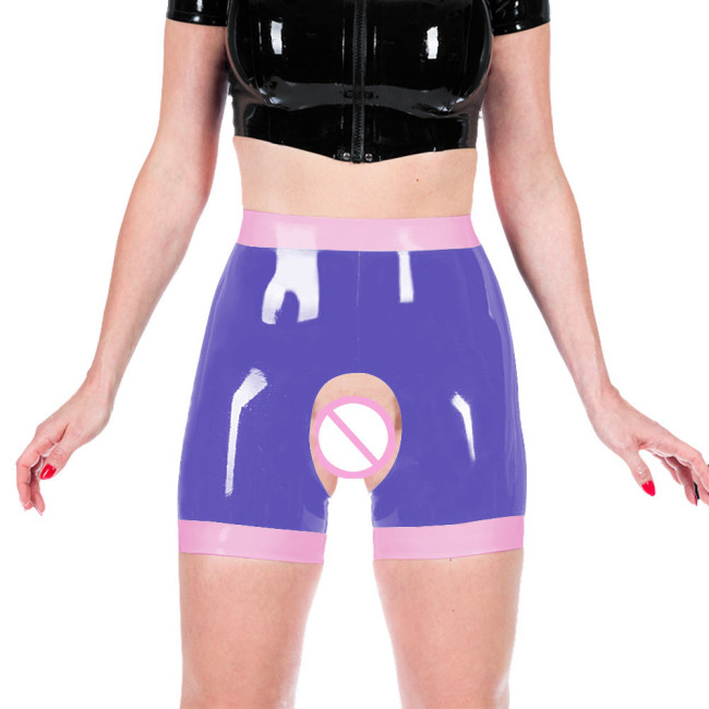 Shiny PVC Leather Faux Latex Women Exotic Open Crotch Spanking Pants Crotchless Short Leggings Novelty Patchwork Sexy Trousers