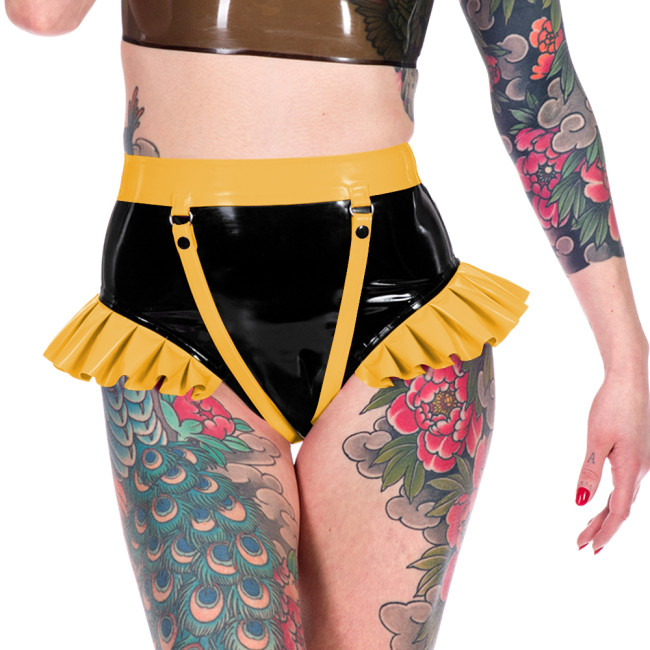 Fashion Novelty Patchwork Ruffled Hems Women Panties Faux Latex PVC Leather Sexy Underwear Sexy Ravely Party Pole Dance Lingerie