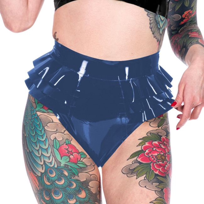 Novelty Triple Fold Ruffled Women Briefs Shiny PVC Leather Erotiic Hollow-out Underwear Fashion Casual Solid Color Lingerie