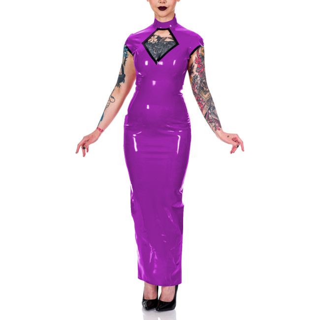 Women Mock Neck Short Sleeve Summer Dress Shiny PVC Leather Sexy Hollow Out Maxi Bodycon Dress Party Club Slit Back Pencil Dress