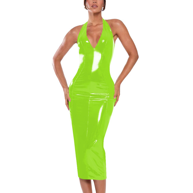 Sexy Halter V-neck Dress Ball Gowns Shiny PVC Leather Sleeveless Backless Hip Wrap Ankle Length Pencil Dress for Club Cocktail