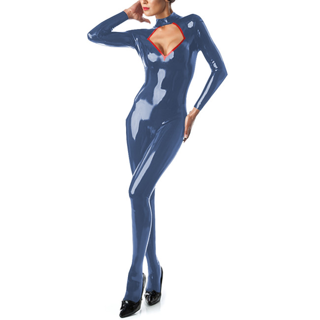 Sissy Sexy Hollow Out Jumpsuits PVC Long Sleeve Bodycon Zipper Open Crotch Jumpsuits for Women Faux Latex Rompers Stage Apparel