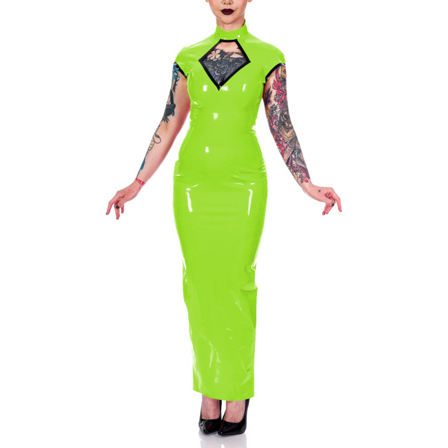 Women Mock Neck Short Sleeve Summer Dress Shiny PVC Leather Sexy Hollow Out Maxi Bodycon Dress Party Club Slit Back Pencil Dress