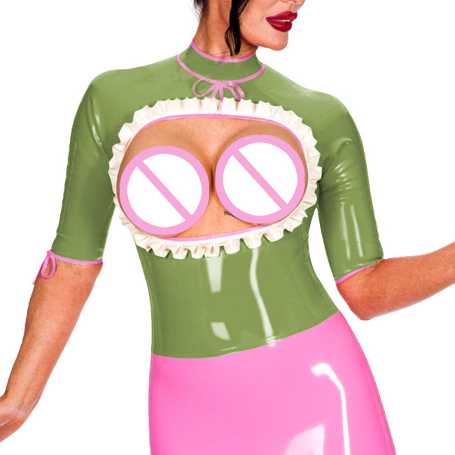 Half Sleeve Turtleneck Back Zip Punk Style Tops Exotic Open Bust Ruffled Blouse Mistress Ravely Party Exotic Bare Chest Costume