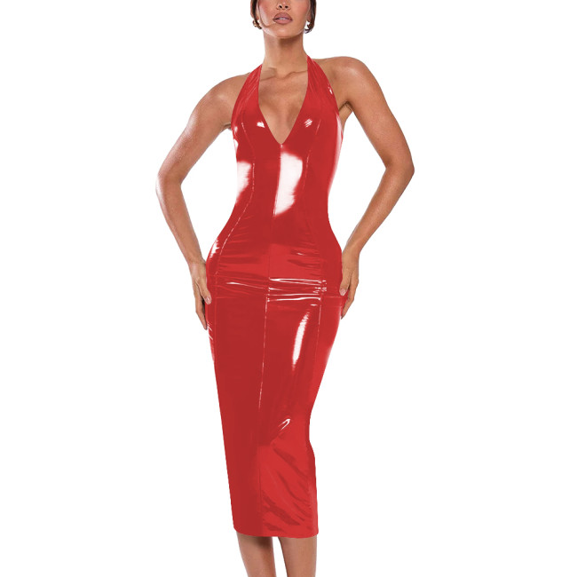 Sexy Halter V-neck Dress Ball Gowns Shiny PVC Leather Sleeveless Backless Hip Wrap Ankle Length Pencil Dress for Club Cocktail