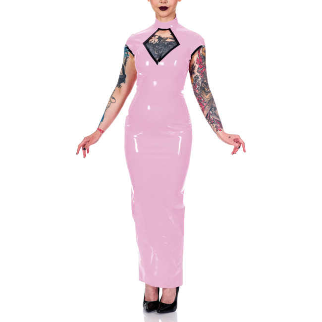 Women Mock Neck Short Sleeve Summer Dress Shiny PVC Leather Sexy Hollow Out Maxi Bodycon Dress Party Club Slit Back Pencil Dress