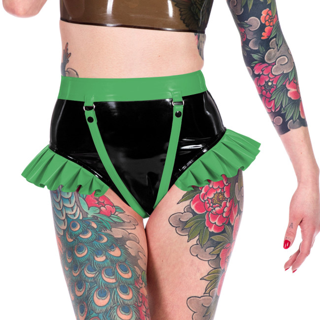 Fashion Novelty Patchwork Ruffled Hems Women Panties Faux Latex PVC Leather Sexy Underwear Sexy Ravely Party Pole Dance Lingerie