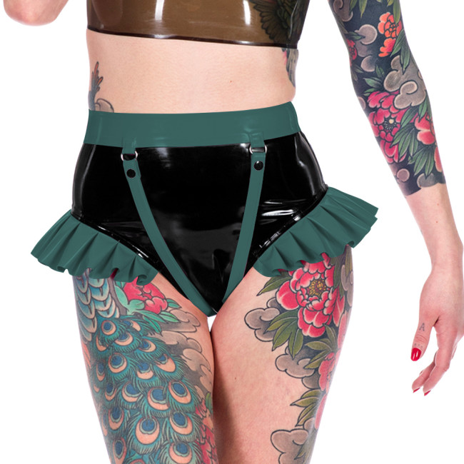 Fashion Novelty Patchwork Ruffled Hems Women Panties Faux Latex PVC Leather Sexy Underwear Sexy Ravely Party Pole Dance Lingerie