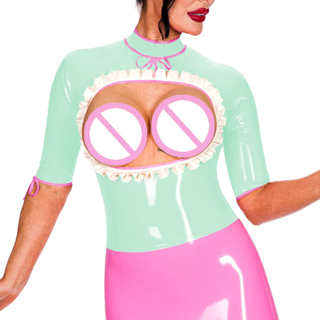 Half Sleeve Turtleneck Back Zip Punk Style Tops Exotic Open Bust Ruffled Blouse Mistress Ravely Party Exotic Bare Chest Costume