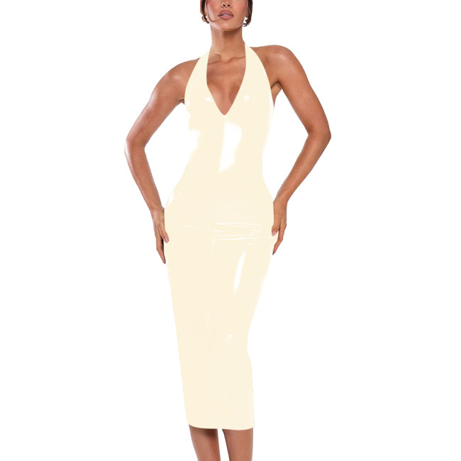 Sexy Halter V-neck Dress Ball Gowns Shiny PVC Leather Sleeveless Backless Hip Wrap Ankle Length Pencil Dress for Club Cocktail