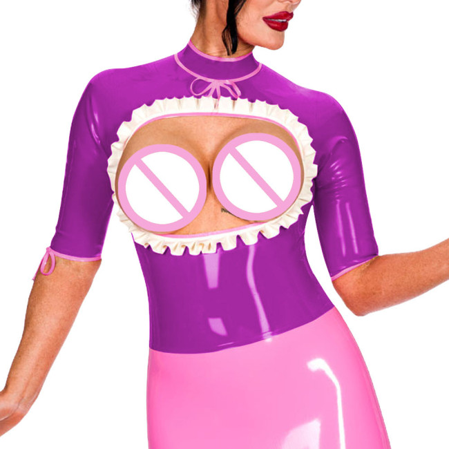 Half Sleeve Turtleneck Back Zip Punk Style Tops Exotic Open Bust Ruffled Blouse Mistress Ravely Party Exotic Bare Chest Costume