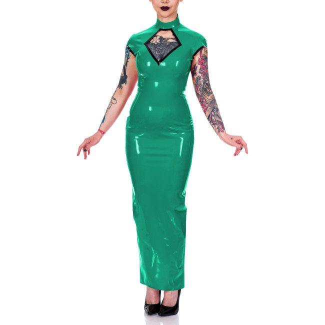 Women Mock Neck Short Sleeve Summer Dress Shiny PVC Leather Sexy Hollow Out Maxi Bodycon Dress Party Club Slit Back Pencil Dress
