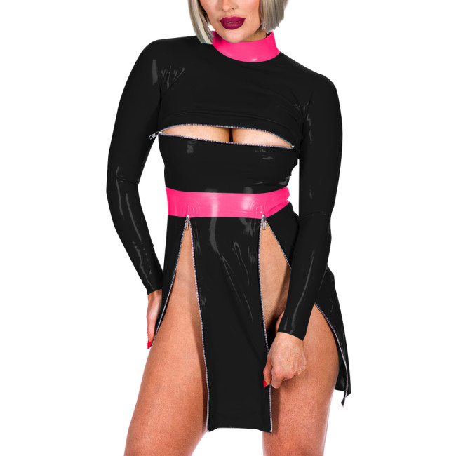 Fashion Patchwork High Neck Long Sleeve Back Zip Bodycon Mini Dress Sexy Front Zips High Split Open Bust Mistress PVC Costume
