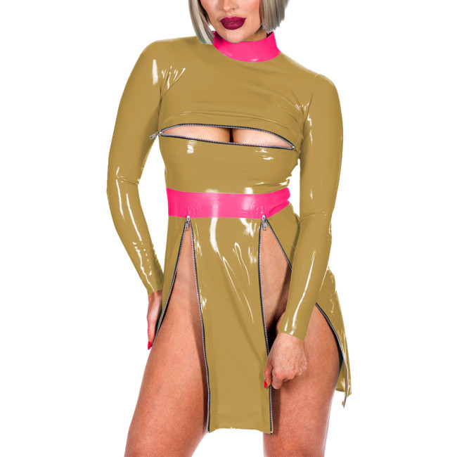 Fashion Patchwork High Neck Long Sleeve Back Zip Bodycon Mini Dress Sexy Front Zips High Split Open Bust Mistress PVC Costume