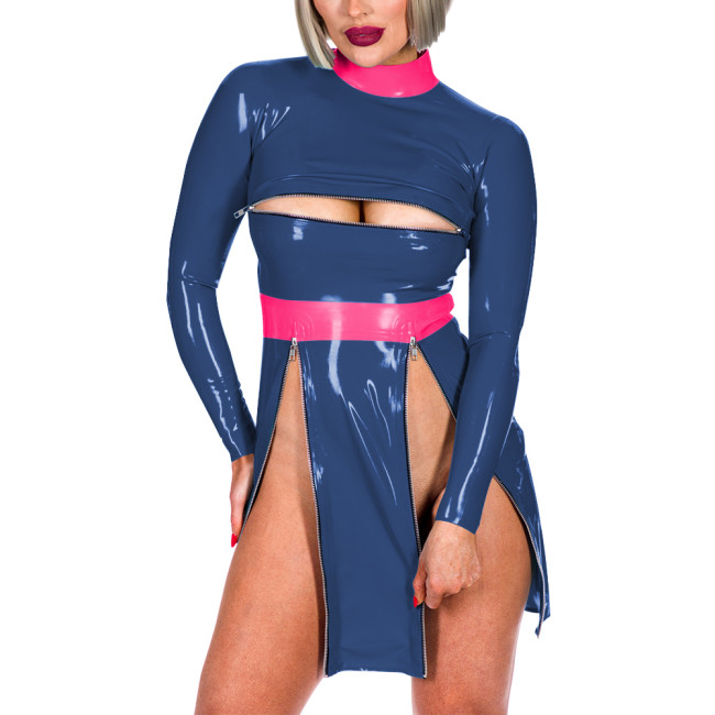 Fashion Patchwork High Neck Long Sleeve Back Zip Bodycon Mini Dress Sexy Front Zips High Split Open Bust Mistress PVC Costume