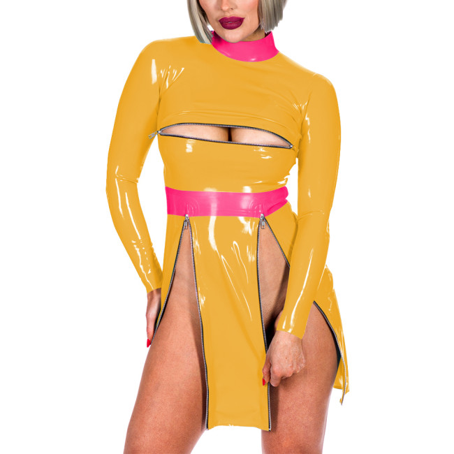 Fashion Patchwork High Neck Long Sleeve Back Zip Bodycon Mini Dress Sexy Front Zips High Split Open Bust Mistress PVC Costume