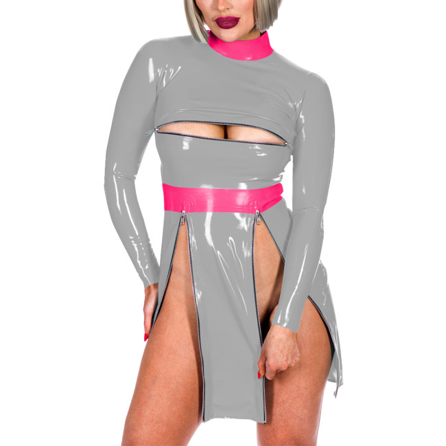 Fashion Patchwork High Neck Long Sleeve Back Zip Bodycon Mini Dress Sexy Front Zips High Split Open Bust Mistress PVC Costume
