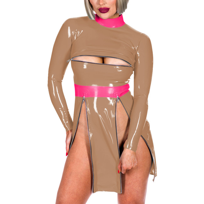 Fashion Patchwork High Neck Long Sleeve Back Zip Bodycon Mini Dress Sexy Front Zips High Split Open Bust Mistress PVC Costume