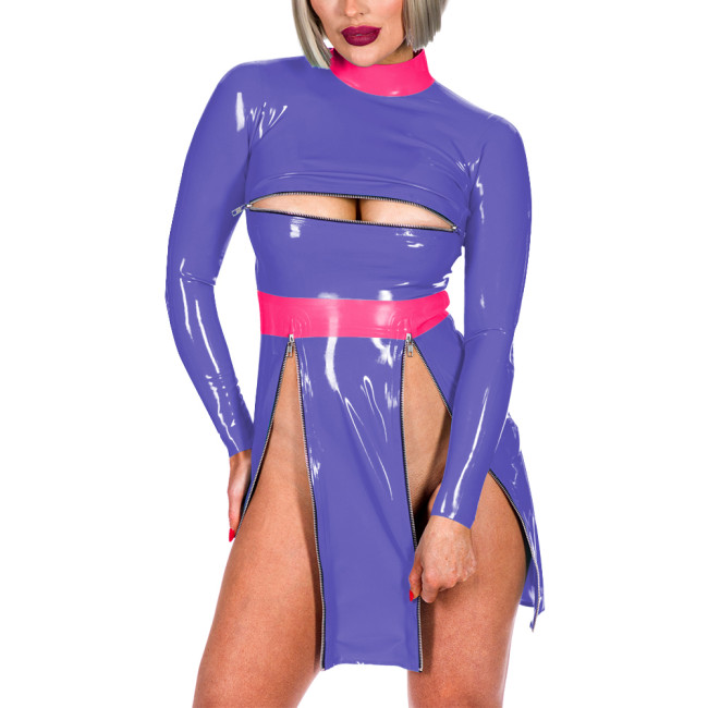 Fashion Patchwork High Neck Long Sleeve Back Zip Bodycon Mini Dress Sexy Front Zips High Split Open Bust Mistress PVC Costume
