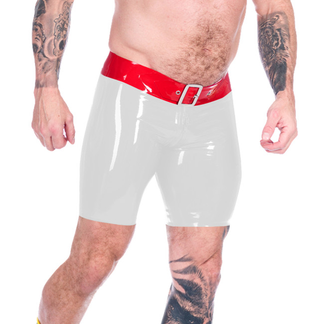 Men's Faux Latex PVC Leather Shorts Club Patchwork Boxer Shorts Male Front Buckle Hot Pants Zipper Open Crotch Wetlook Lingerie
