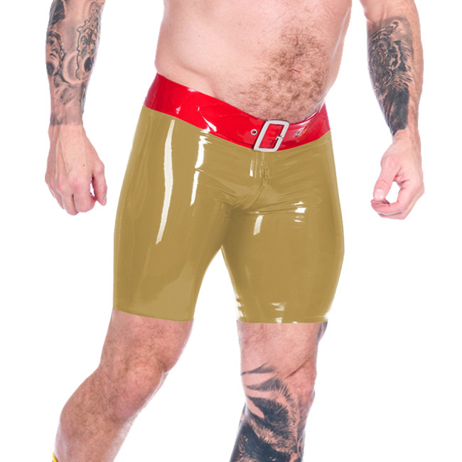 Men's Faux Latex PVC Leather Shorts Club Patchwork Boxer Shorts Male Front Buckle Hot Pants Zipper Open Crotch Wetlook Lingerie