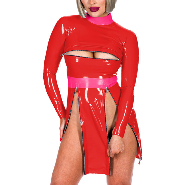 Fashion Patchwork High Neck Long Sleeve Back Zip Bodycon Mini Dress Sexy Front Zips High Split Open Bust Mistress PVC Costume