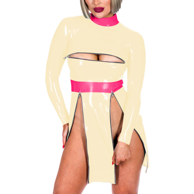 Fashion Patchwork High Neck Long Sleeve Back Zip Bodycon Mini Dress Sexy Front Zips High Split Open Bust Mistress PVC Costume
