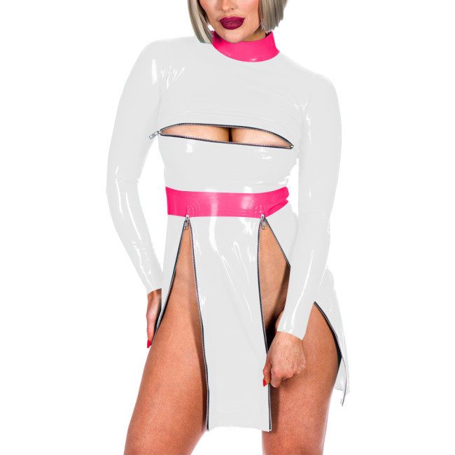 Fashion Patchwork High Neck Long Sleeve Back Zip Bodycon Mini Dress Sexy Front Zips High Split Open Bust Mistress PVC Costume
