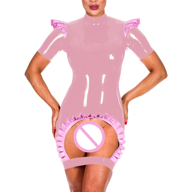 Women Exotic Crotchless Bodycon Mini Dress Ruffle Trim Short Sleeve Mock Neck Skiny Dress Fashion Sexy Frill Open Crotch Vestido