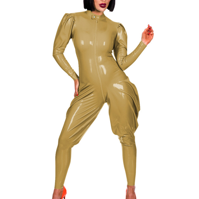 Exotic Shiny PVC Leather Solid Jumpsuits for Women Punk Front Zip Puff Sleeve Lantern Leg Zentai Fashion Casual Outdoor Rompers