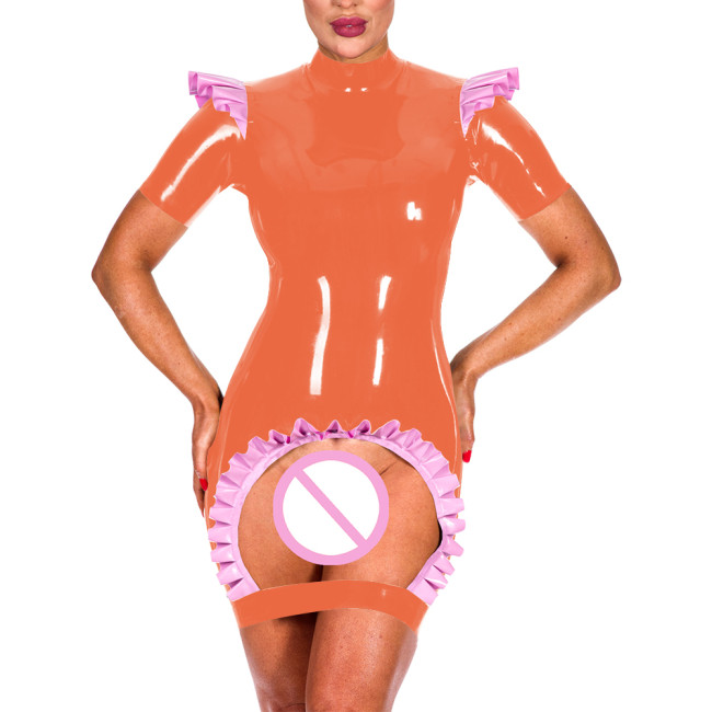 Women Exotic Crotchless Bodycon Mini Dress Ruffle Trim Short Sleeve Mock Neck Skiny Dress Fashion Sexy Frill Open Crotch Vestido