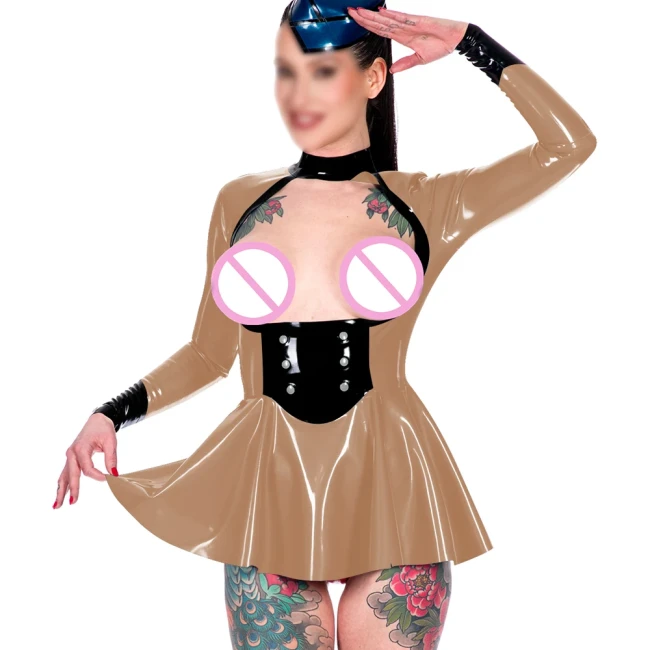 Exotic Open Bust Mistress A-line Pleated Mini Dress Shiny PVC Leather Fashion Patchwork Long Sleeve Mock Neck Bodycon Dress