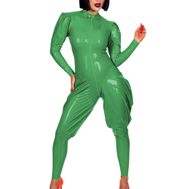 Exotic Shiny PVC Leather Solid Jumpsuits for Women Punk Front Zip Puff Sleeve Lantern Leg Zentai Fashion Casual Outdoor Rompers