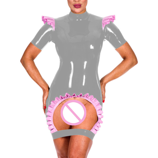 Women Exotic Crotchless Bodycon Mini Dress Ruffle Trim Short Sleeve Mock Neck Skiny Dress Fashion Sexy Frill Open Crotch Vestido