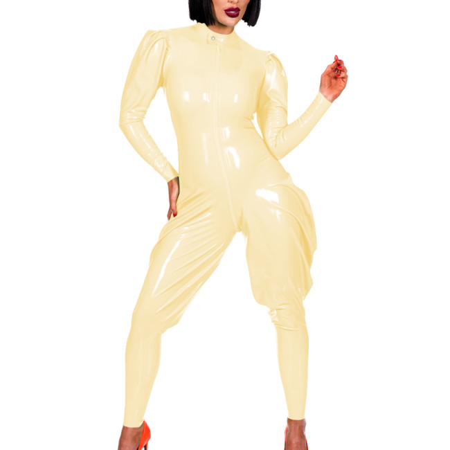Exotic Shiny PVC Leather Solid Jumpsuits for Women Punk Front Zip Puff Sleeve Lantern Leg Zentai Fashion Casual Outdoor Rompers