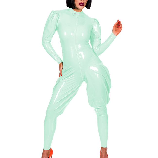 Exotic Shiny PVC Leather Solid Jumpsuits for Women Punk Front Zip Puff Sleeve Lantern Leg Zentai Fashion Casual Outdoor Rompers