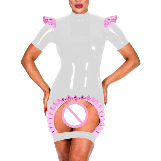 Women Exotic Crotchless Bodycon Mini Dress Ruffle Trim Short Sleeve Mock Neck Skiny Dress Fashion Sexy Frill Open Crotch Vestido