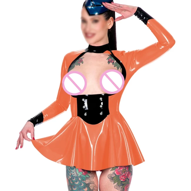 Exotic Open Bust Mistress A-line Pleated Mini Dress Shiny PVC Leather Fashion Patchwork Long Sleeve Mock Neck Bodycon Dress